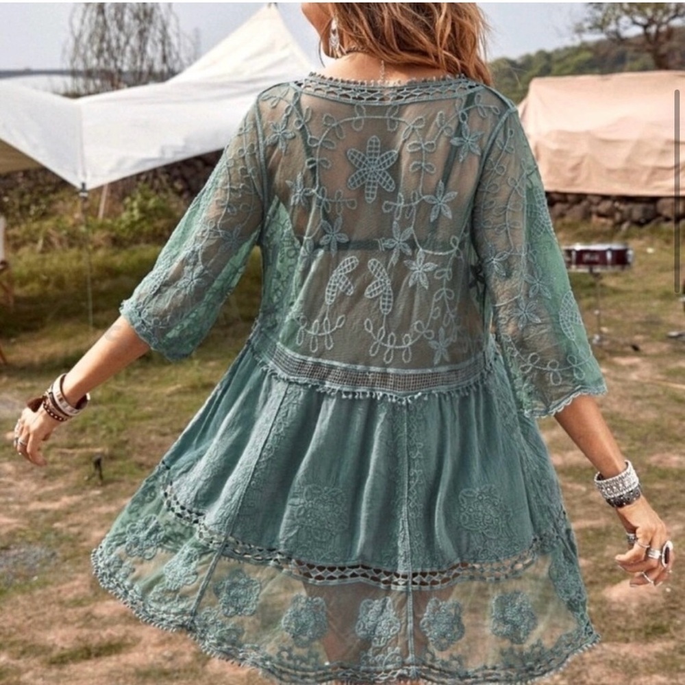 Boho Lace Green Swim Coverup | New Bohemian Lace Swim Coverup NWOT - Picture 4 of 8